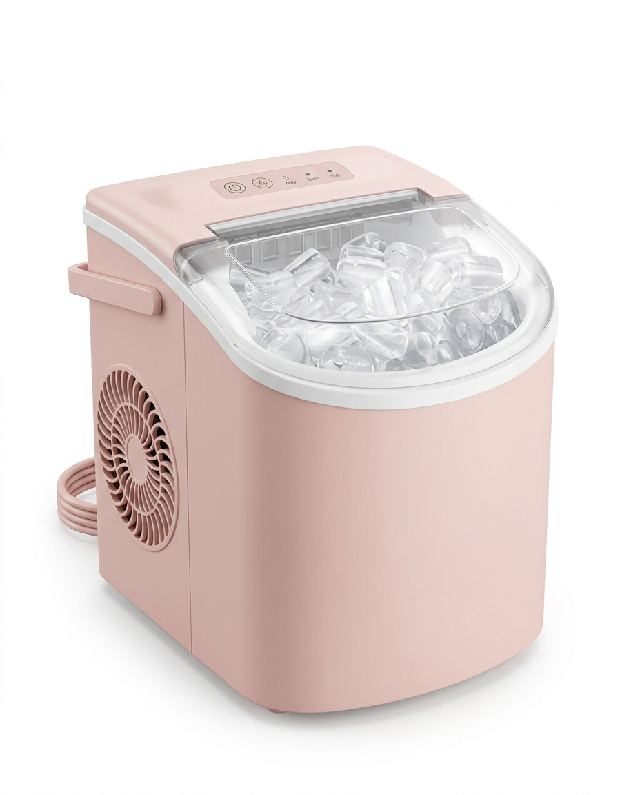 Pink countertop ice maker filled with ice, studio shot on white