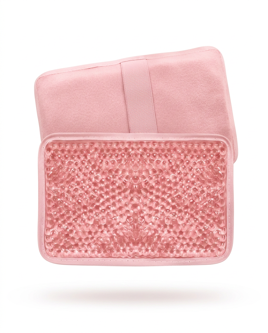 Pink variant gel pack with fabric wrap, studio shot on white