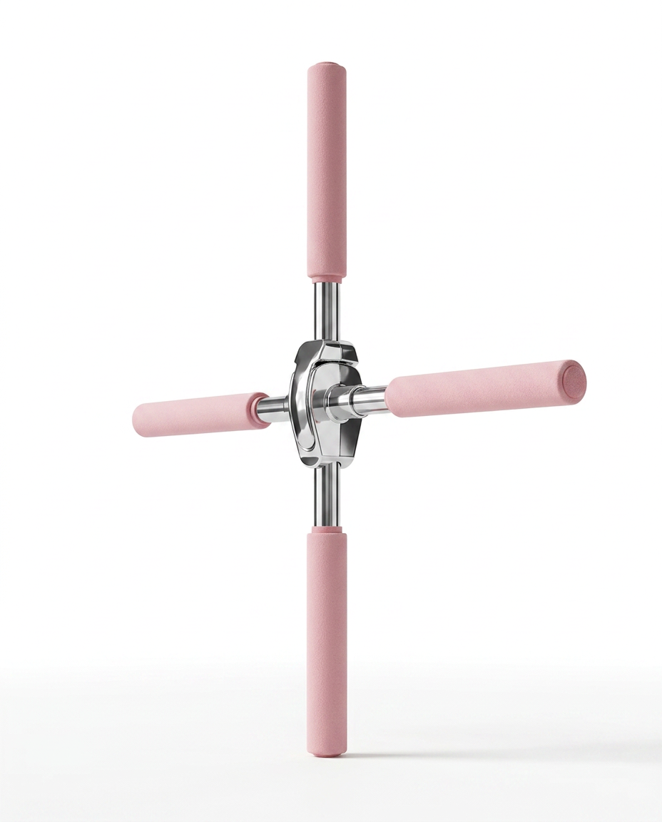 Cross-shaped yoga posture stick with pink foam grips, packshot on white
