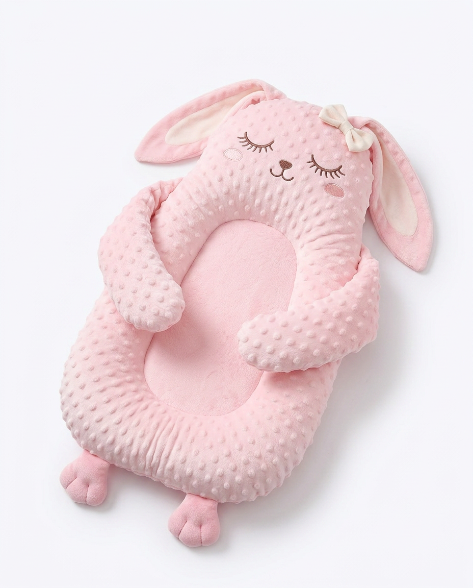 Pink plush rabbit-shaped baby comfort pillow with bow, studio shot