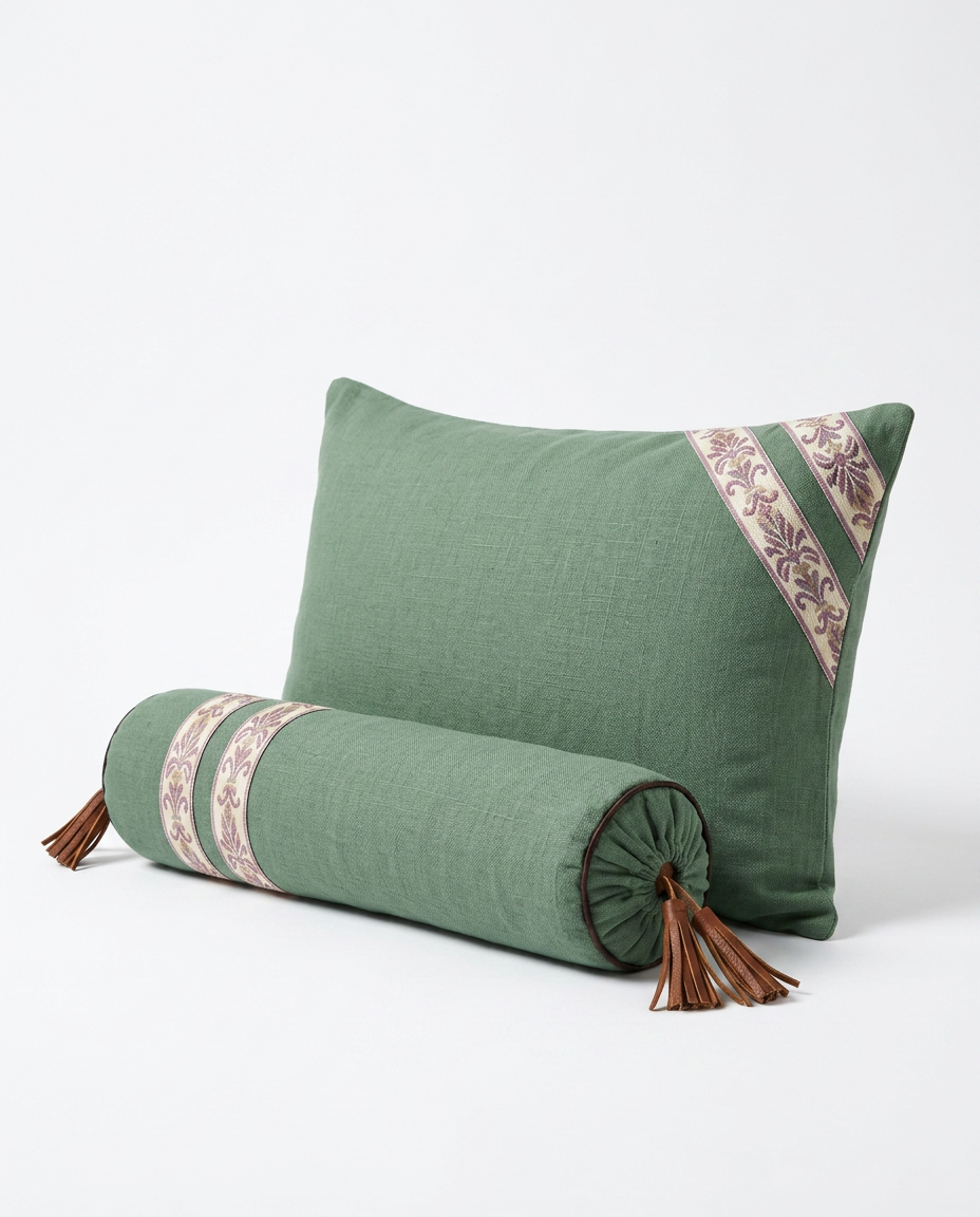 Sage green variant of the linen support cushion and tasseled bolster on white