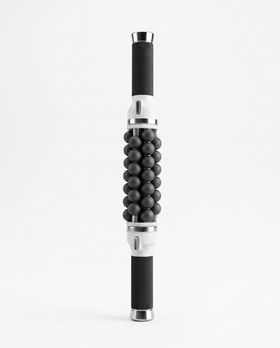 Silver-accent variant of the rolling massage stick, studio on white