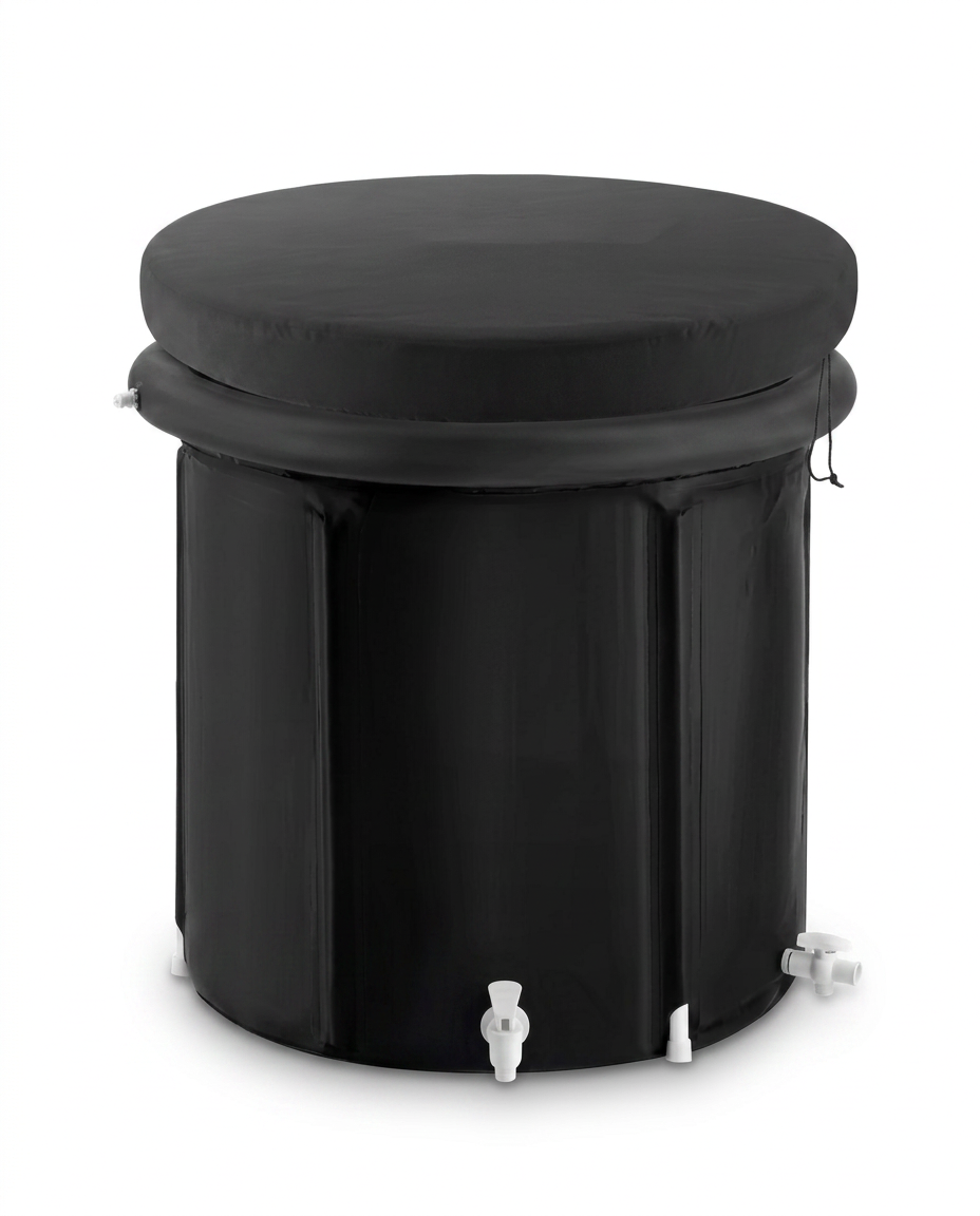 Small 75x80 cm ice bath tub with insulated cover on, studio shot