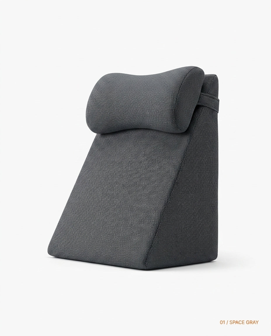 Space gray wedge backrest cushion with rounded headrest, side view