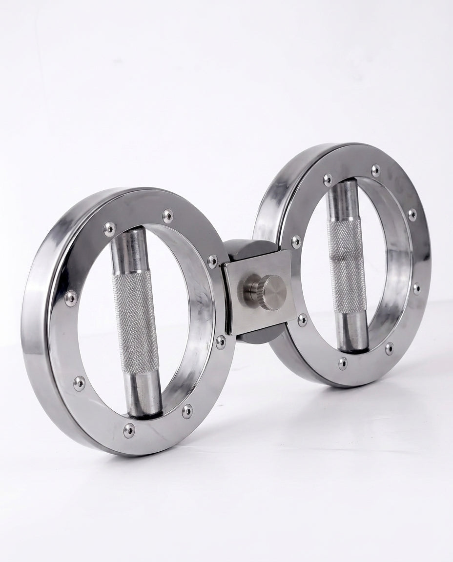 Style 1 compact steel dual-ring grip trainer, three-quarter view on white