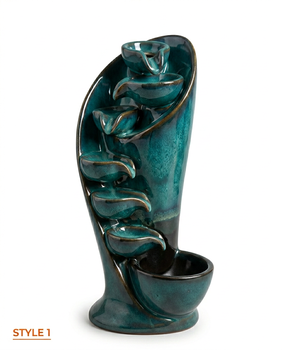 Style 1 teal crackle-glaze waterfall incense burner packshot on white