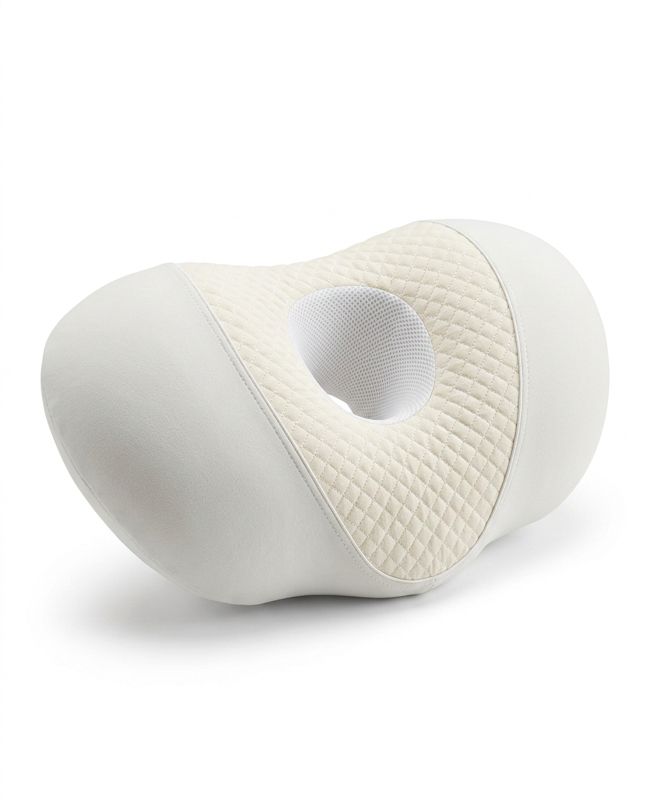 White memory foam ear relief side sleeper pillow, studio shot on white
