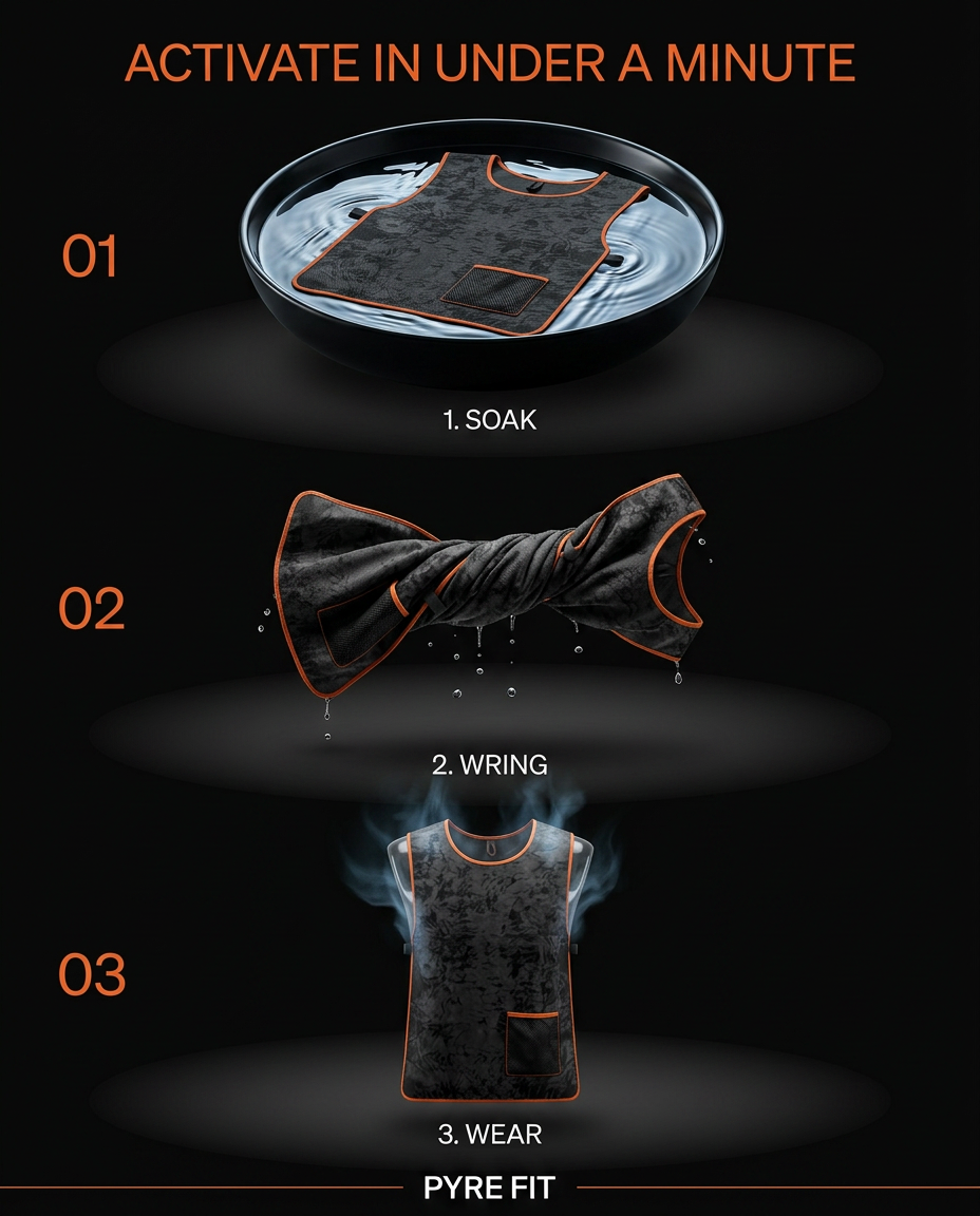 Three-step activation guide: soak, wring and wear the cooling vest in a minute