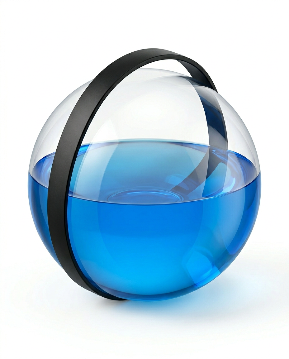 Three-quarter view of the half-filled blue water stability ball on white