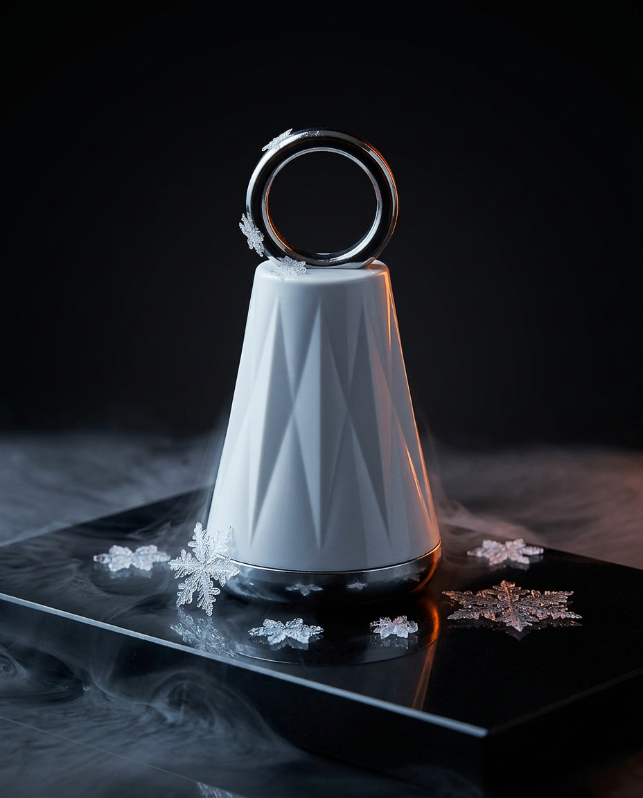 Cream cooling face tool on dark tray surrounded by ice crystals and frosty mist