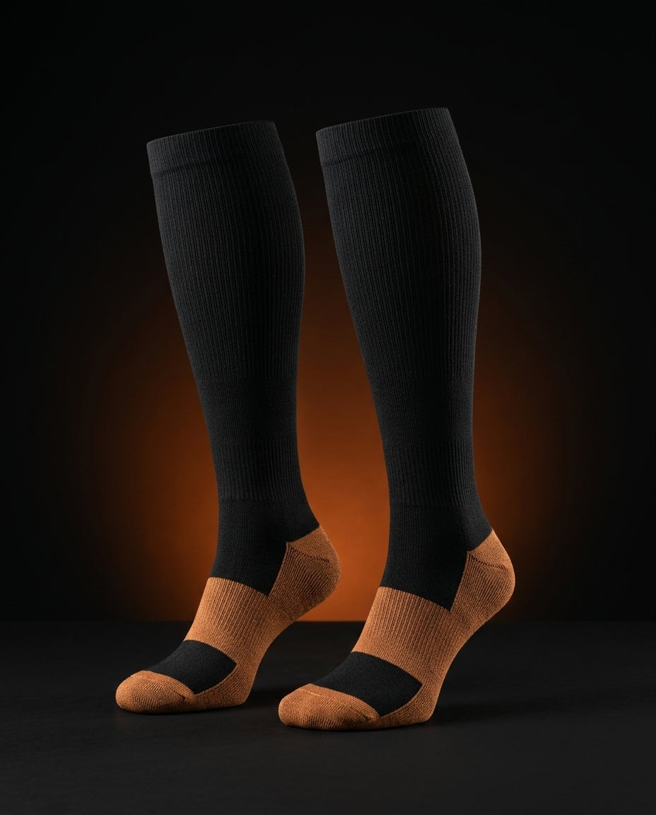 Pair of black copper-accent compression socks on a dark glowing backdrop