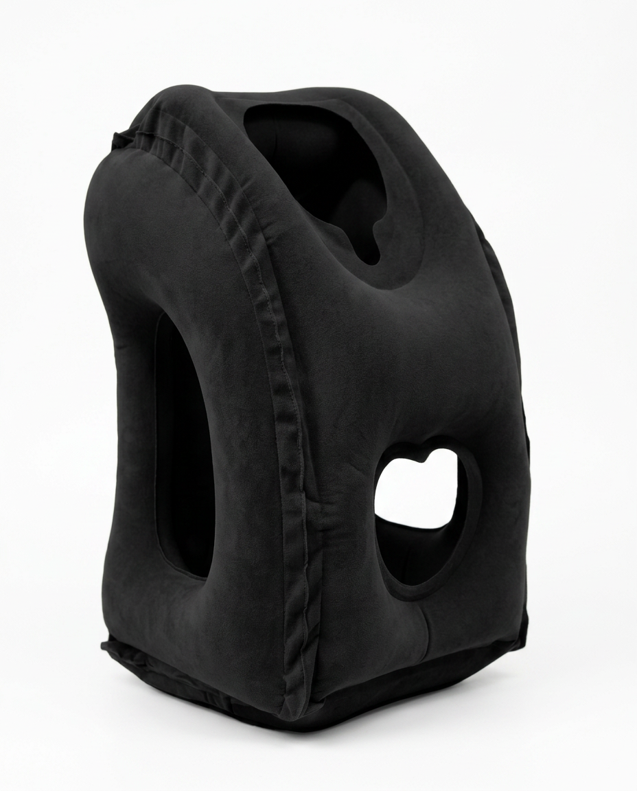 Black inflatable travel neck pillow standing upright on white background