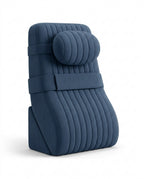 Navy blue velvet bed backrest with tufted channels and strapped neck roll