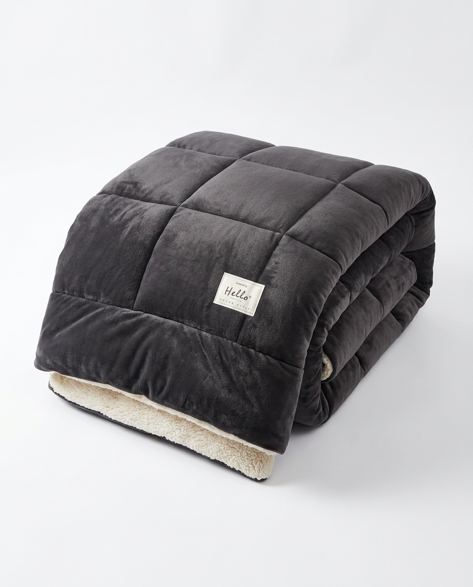 Charcoal dark gray color variant of the plush winter comforter, folded studio shot