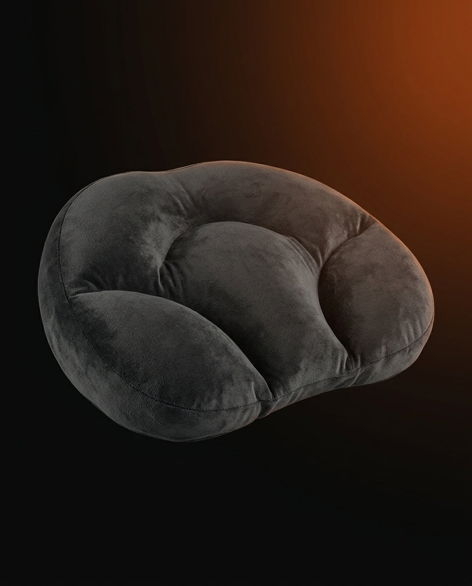 Dark grey contoured neck support pillow angled on a dark ember-lit background