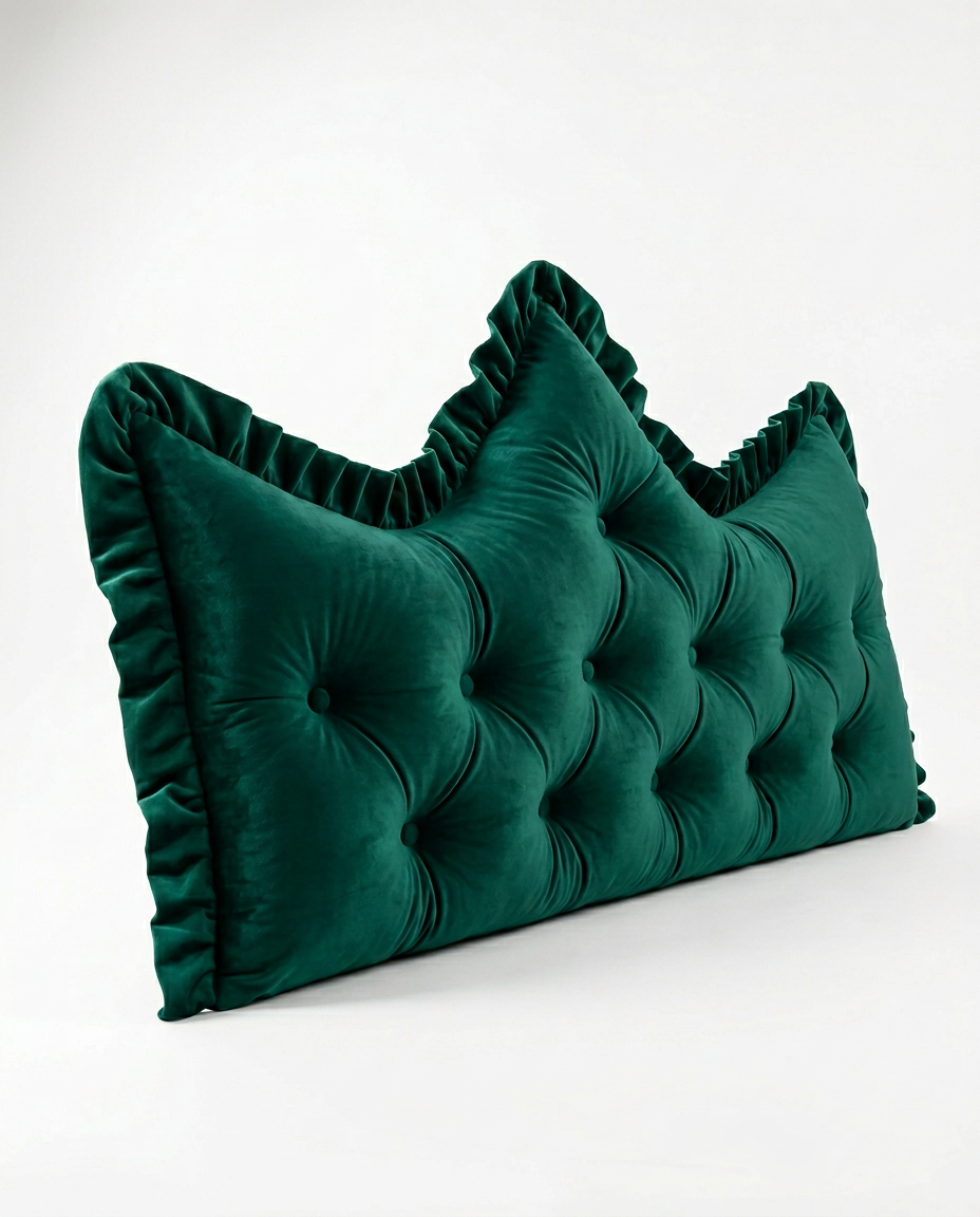Emerald green tufted velvet headboard backrest cushion, studio shot on white