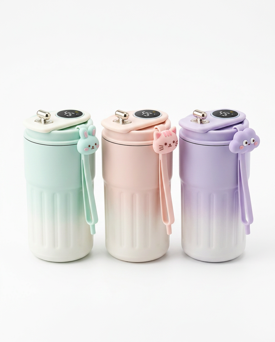 Three ombre coffee mugs in mint, pink and purple with cartoon lid straps