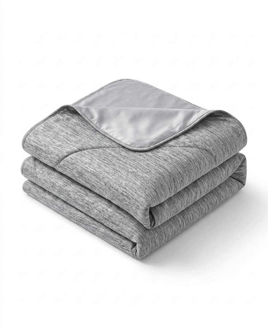 Folded gray cooling blanket with satin trim, studio shot on white