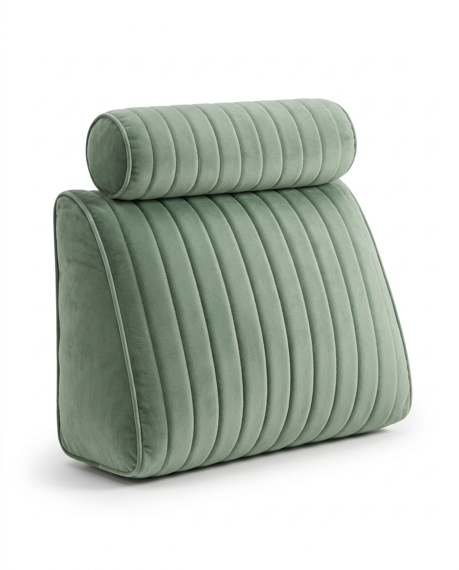 Sage green reading wedge headboard pillow with bolster on white
