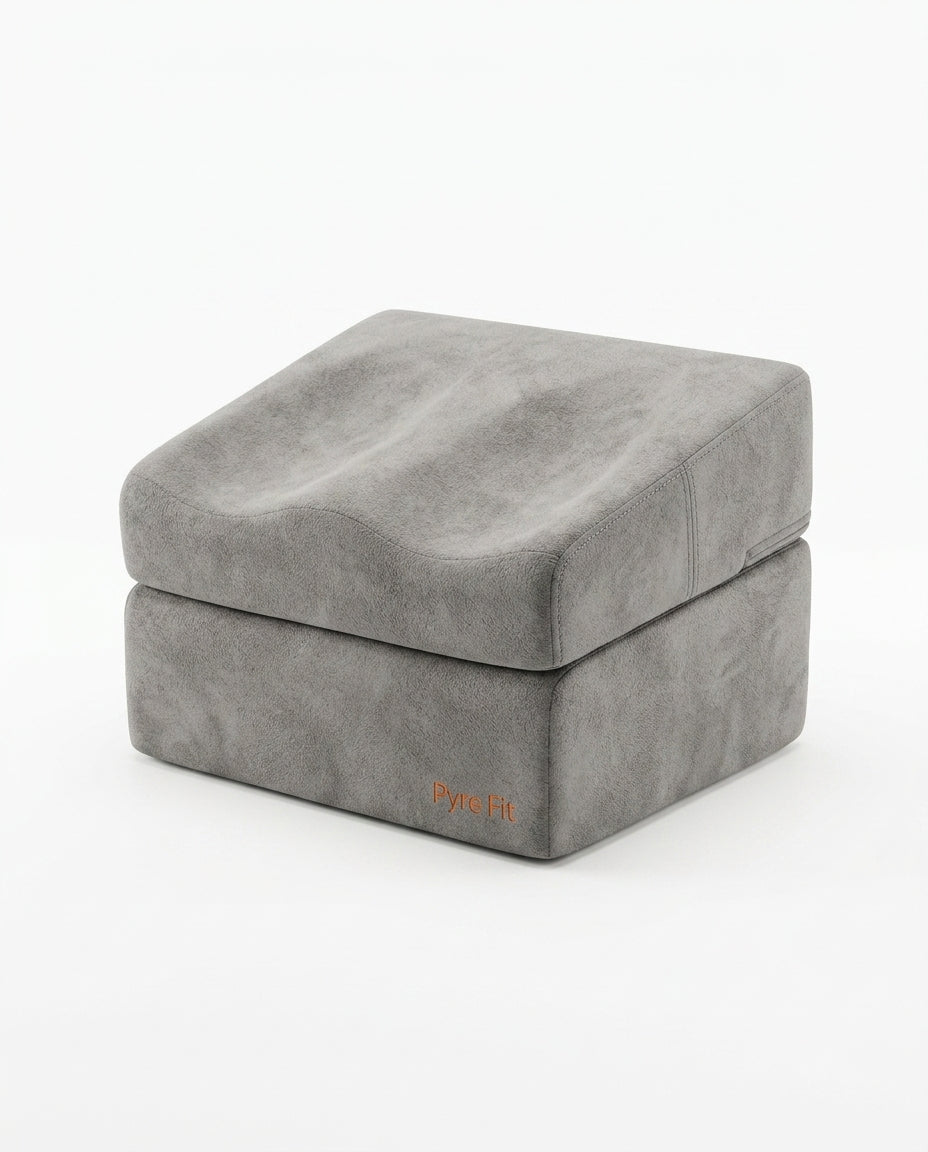 Grey microfiber contoured foot rest cushion, stacked, on white