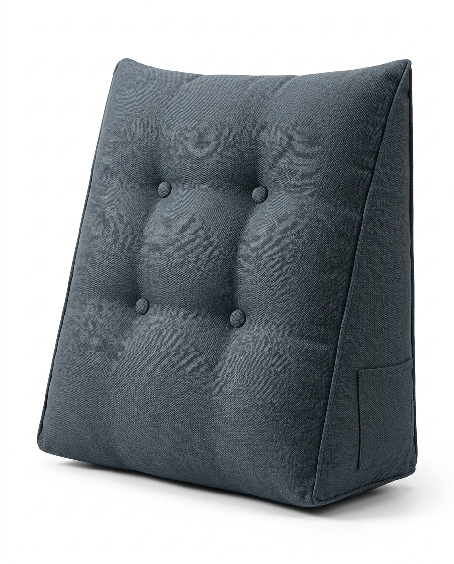 Ink gray tufted triangular reading backrest cushion, side view on white