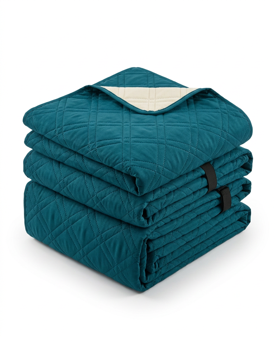 Folded peacock blue quilted recliner chair cover stacked on white