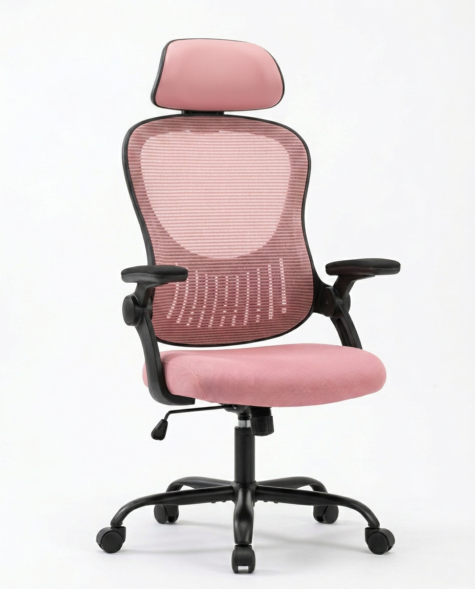 Pink mesh ergonomic office chair with headrest, three-quarter view on white