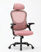 Pink mesh ergonomic office chair with headrest, three-quarter view on white
