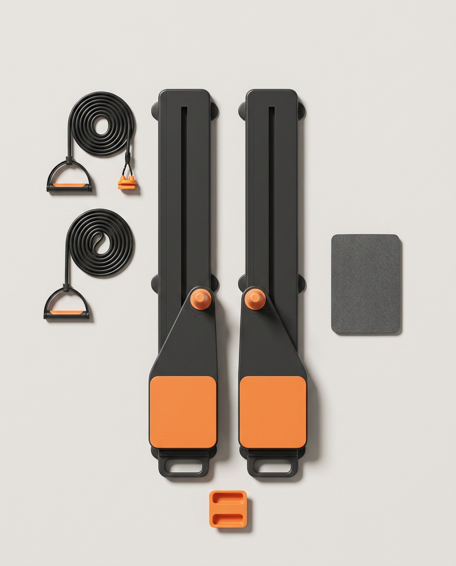 Black pro pilates board with orange pads and resistance bands, flat-lay