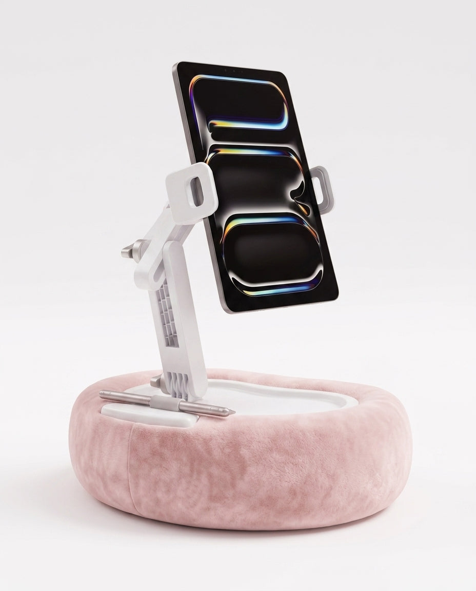 Pink velvet variant of the tablet pillow stand holding a tablet on white
