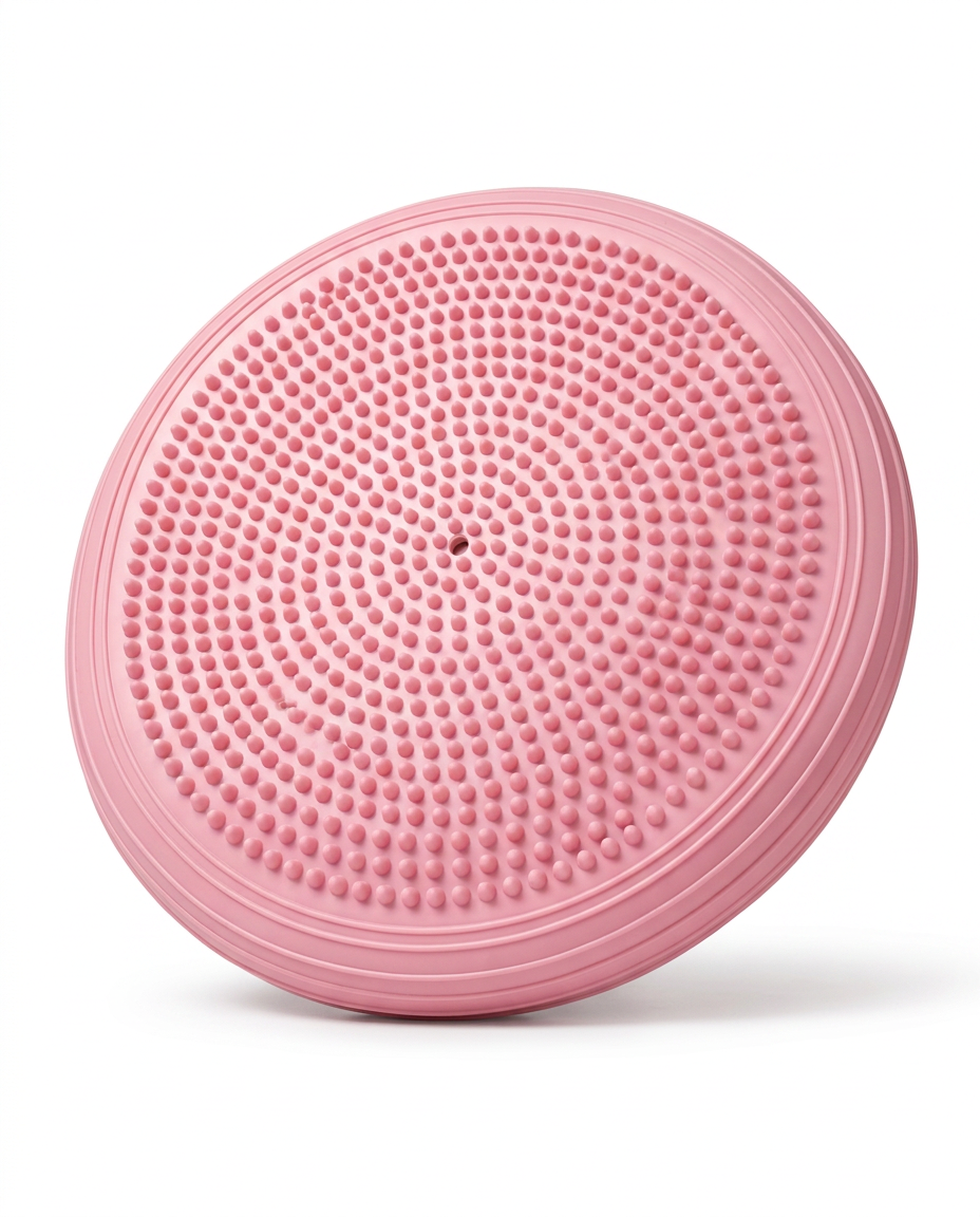 Pink inflatable balance disc with textured nub surface on white background