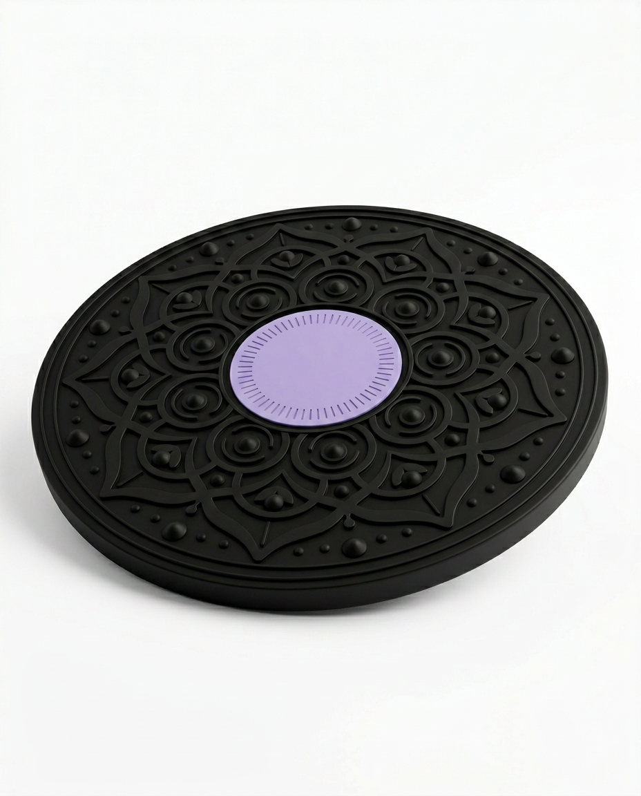 Black wobble balance board with purple center pad on white