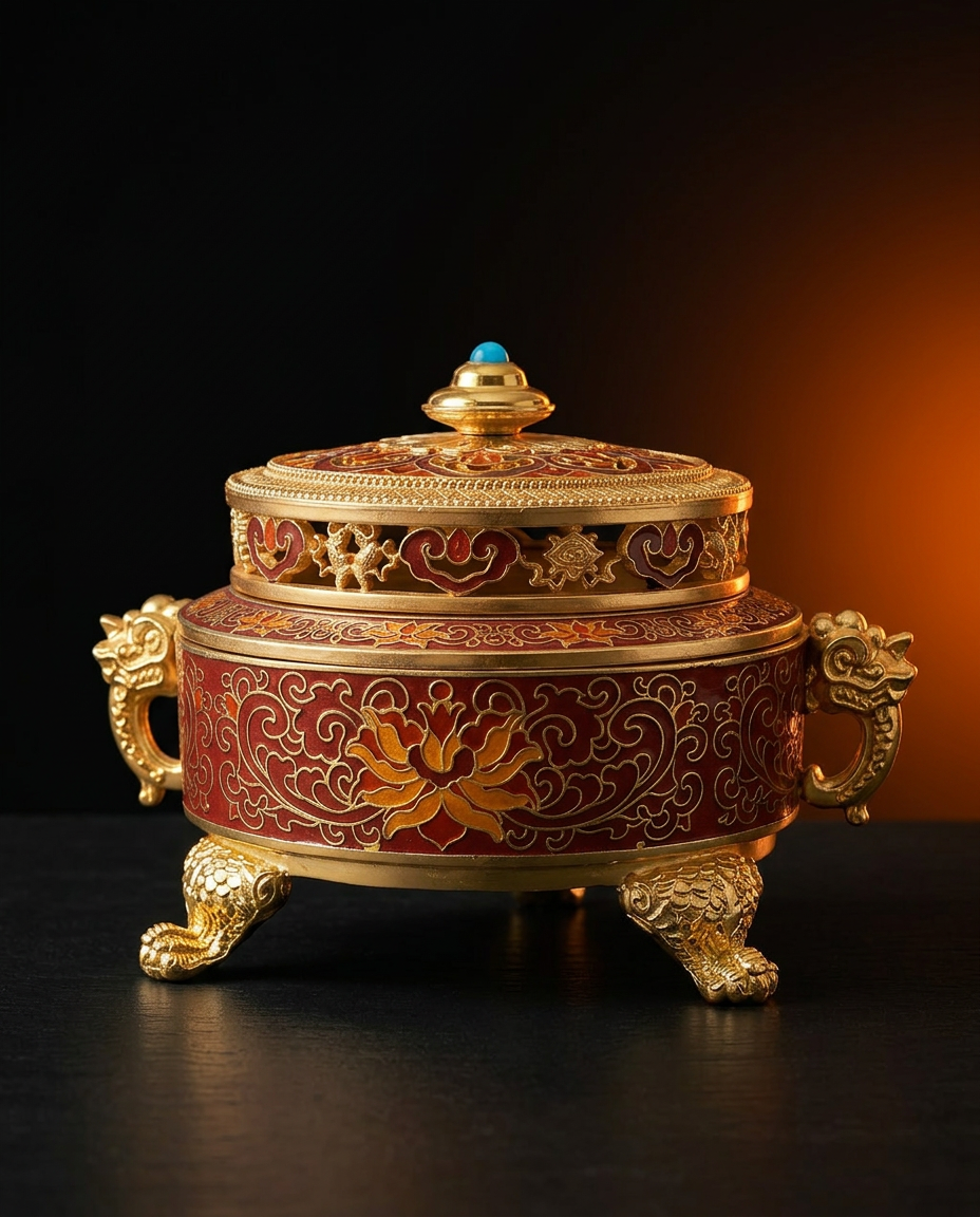 Red and gold cloisonne lotus incense burner variant with dragon handles