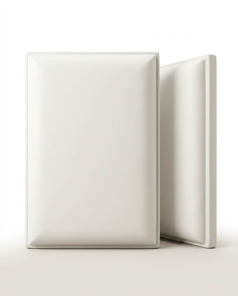 Two white upholstered wall panels standing on a white background