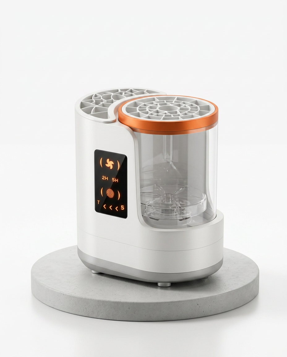 White makeup brush cleaner with empty clear chamber on a grey pedestal, studio shot