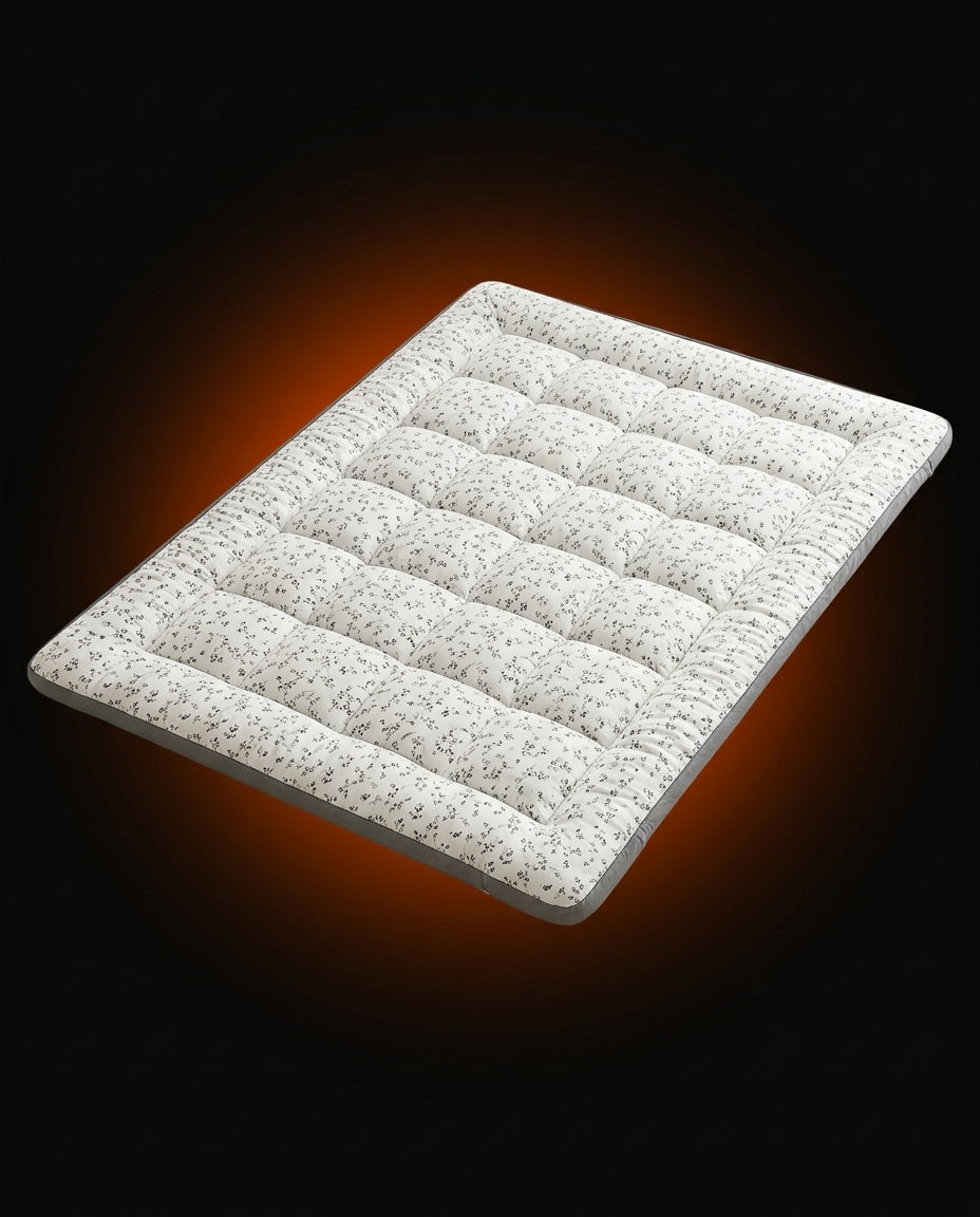 White floral-print quilted floor mattress on a dark backdrop with orange glow
