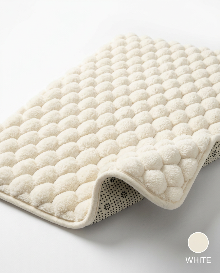 Cream white pebble memory foam bath mat with folded corner, labeled White