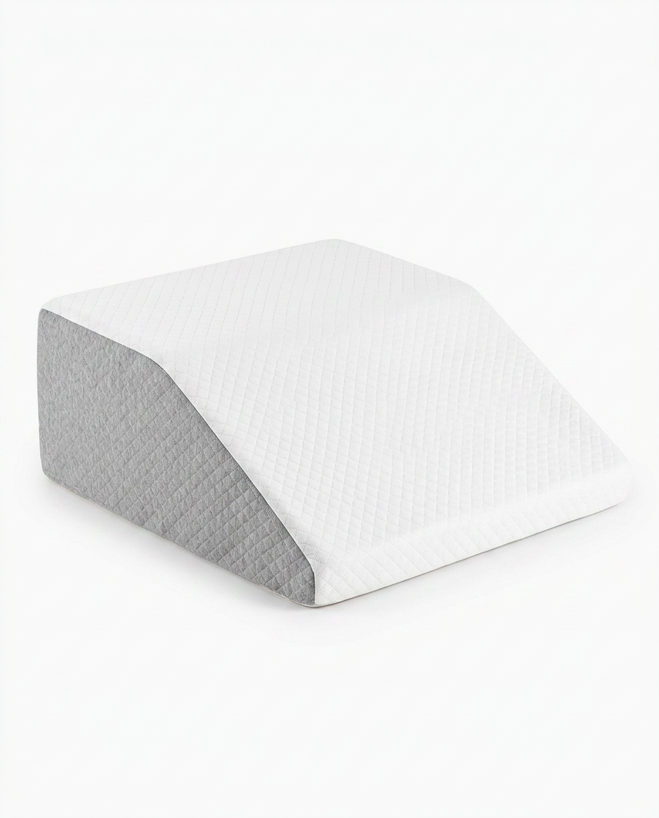 Leg elevation wedge with white quilted top and grey sides, angled view