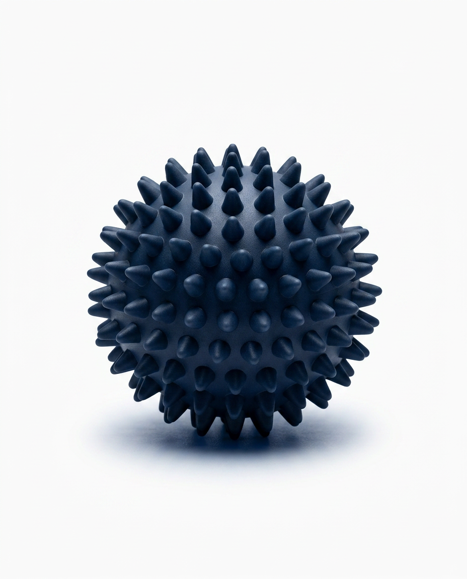 Navy blue spiky recovery massage ball, studio packshot on white