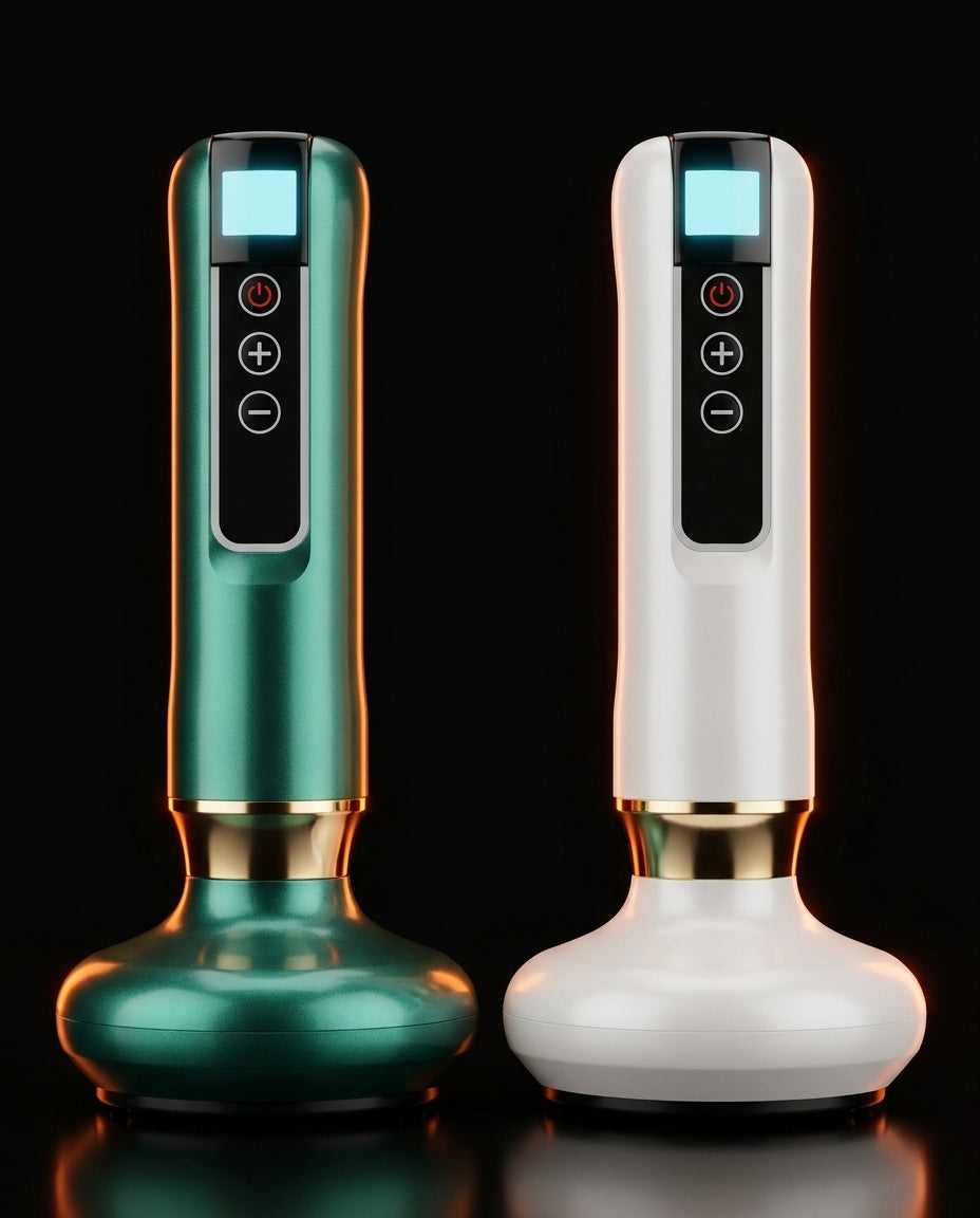 Green and white colorways of the electric cupping massager side by side