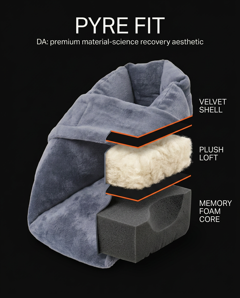 Cutaway showing the heel cushion's velvet shell, plush loft and foam core