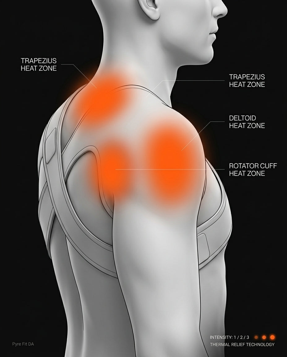 Diagram of trapezius, deltoid and rotator cuff heat zones on the shoulder