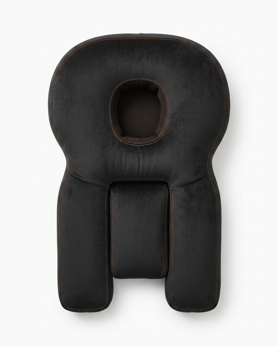 Top-down view of the black face-down support pillow showing its full shape