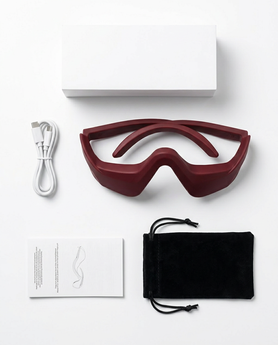 In-box contents flatlay with eye massager, USB cable, manual and pouch
