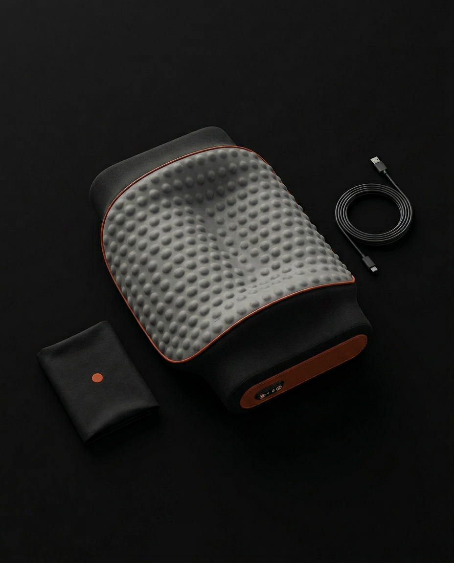 Top-down in-box view of neck pillow with USB cable and storage pouch