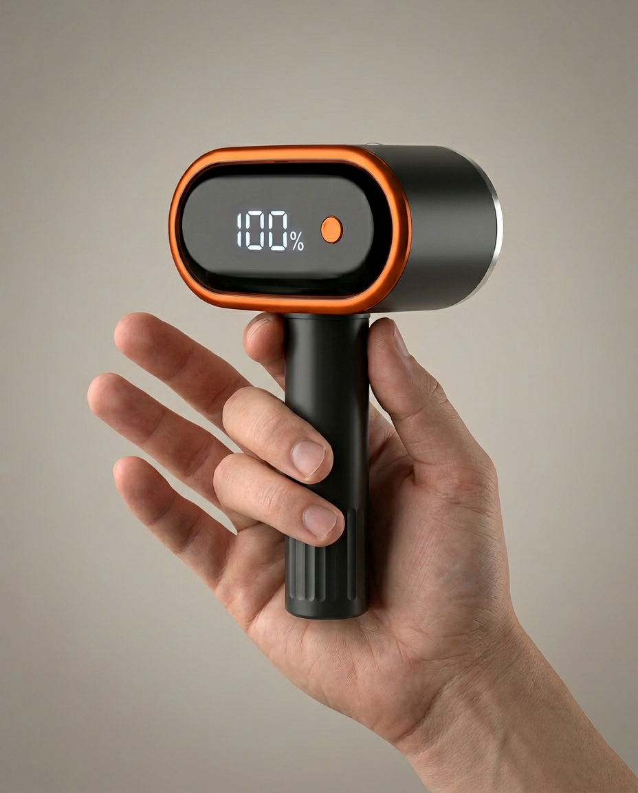 Hand holding the black fabric shaver to show its compact pocket size