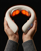 Hands holding the compact neck massager showing its size
