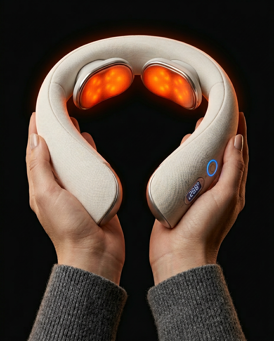 Hands holding the compact neck massager showing its size