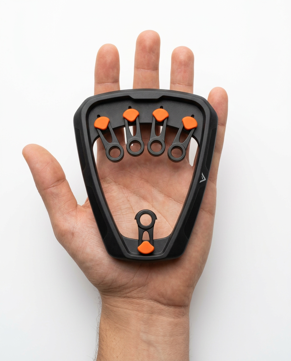 Finger trainer resting in an open palm showing its compact size on white