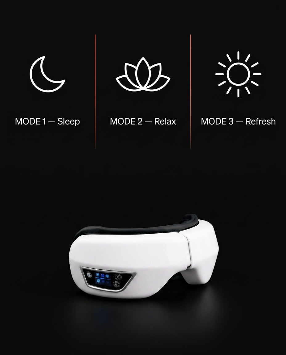 Infographic of the eye massager's three modes: sleep, relax and refresh